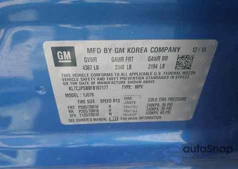 2015 Chevrolet Trax 1Ls z USA, uszkodzony, nr VIN KL7CJPSB8FB107177